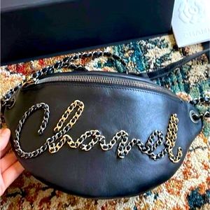 AUTHENTIC CHANEL Bum Black Leather Tweed Bag Chain EXCELLENT W BOX!
